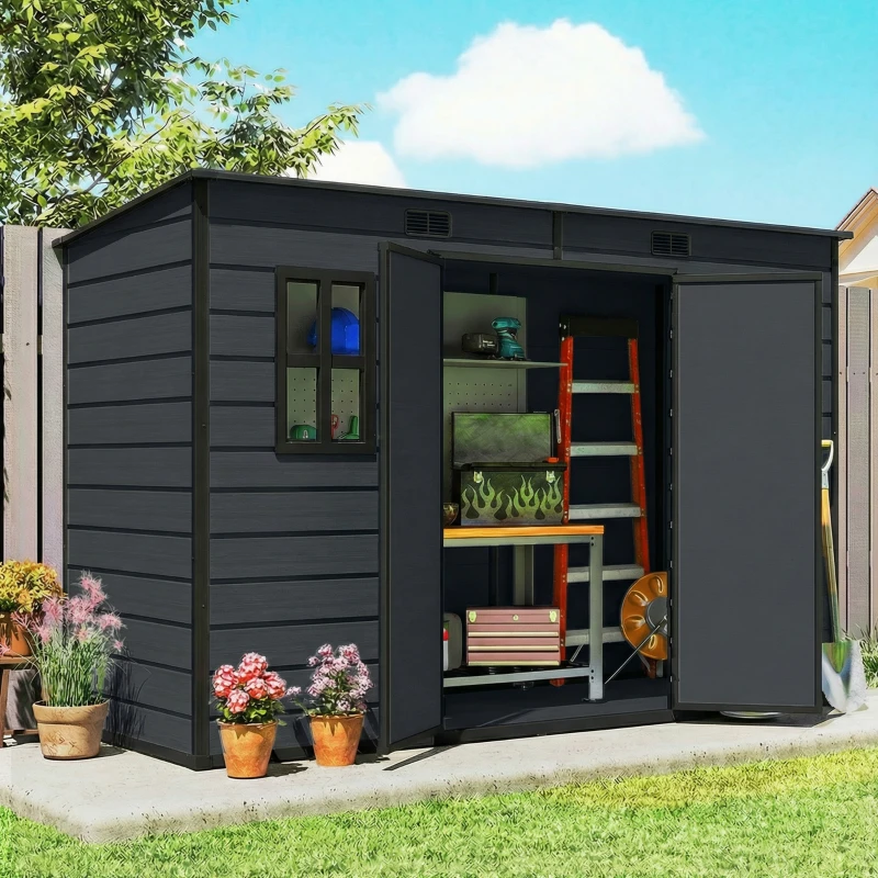 Outsunny 10 x 4 ft Resin Garden Shed, Outdoor Storage Shed with Floor, Windows, Lockable Doors and Vents, Dark Grey