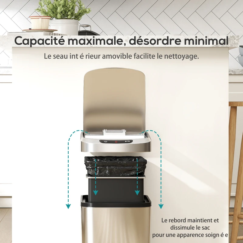HOMCOM Poubelle de cuisine automatique 12 L en acier inoxydable, poubelle à capteur avec couvercle, 28 x 22 x 41 cm, argent