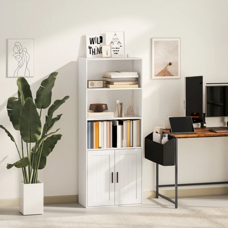 HOMCOM Bibliotecă cu rafturi deschise și dulap cu 2 uși, cu poliță internă reglabilă, 60x30x145.5 cm, alb