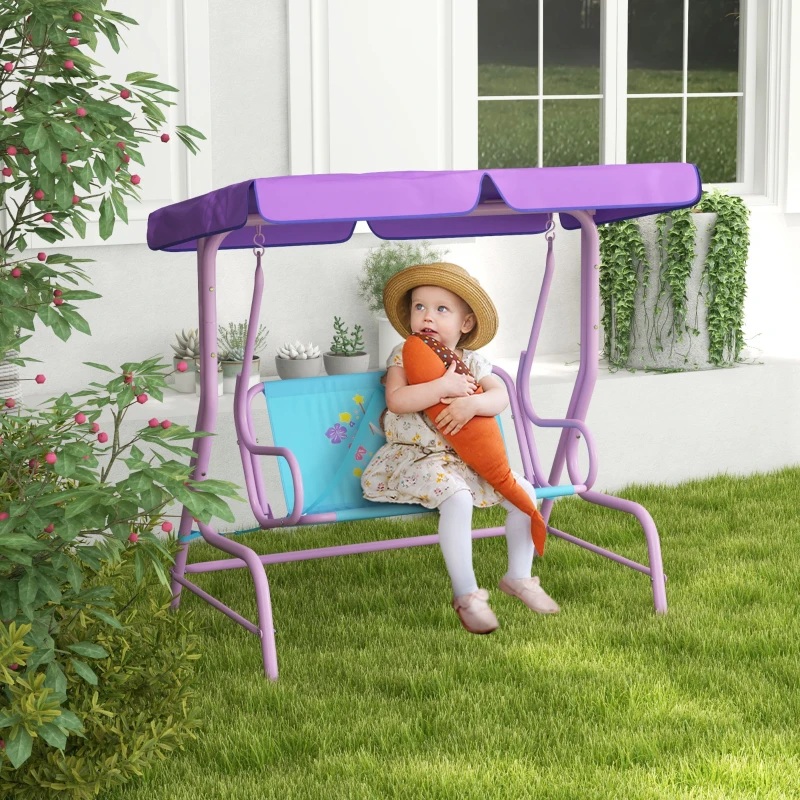 Outsunny Two Seater Kids Garden Swing, Fairy Themed kids Swing Chair with Adjustable Canopy, Safety Belts for Outdoor Use