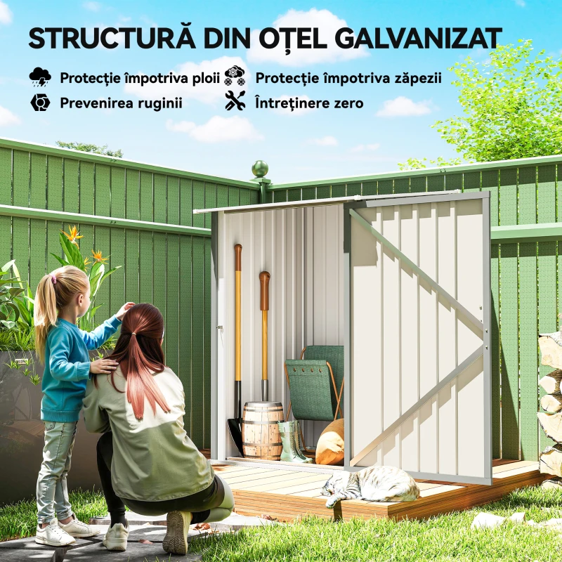 Outsunny Căsuță de Grădină pentru Depozitarea Uneltelor din Oțel Galvanizat cu Ușă, 100x104x160 cm, Gri Deschis