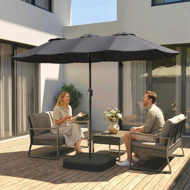 Outsunny Ombrellone Doppio a 12 Stecche con Manovella, Base a Croce e Sacchi, in Metallo e Poliestere, 3x1.5 m, Grigio Scuro