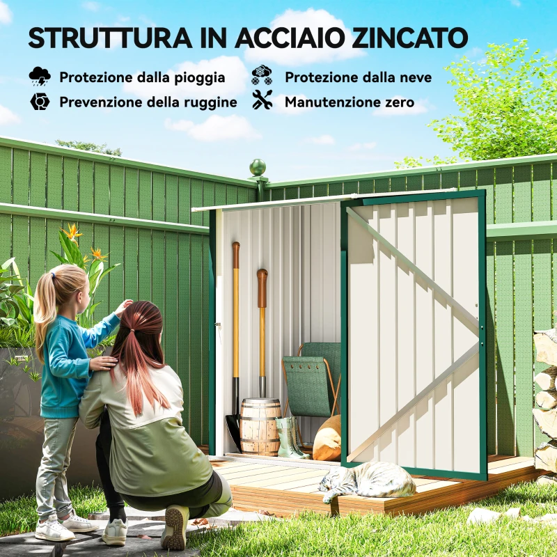 Outsunny Casetta da Giardino Porta Attrezzi in Acciaio Galvanizzato con Porta a Battente, 100x104x160 cm, Verde