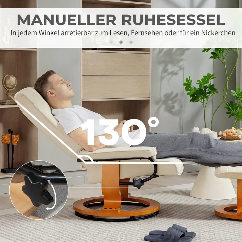 HOMCOM Relaxstoel met voetenbank, draaibaar en kantelbaar, kunstleer, tot 150 kg, houten frame, grijs