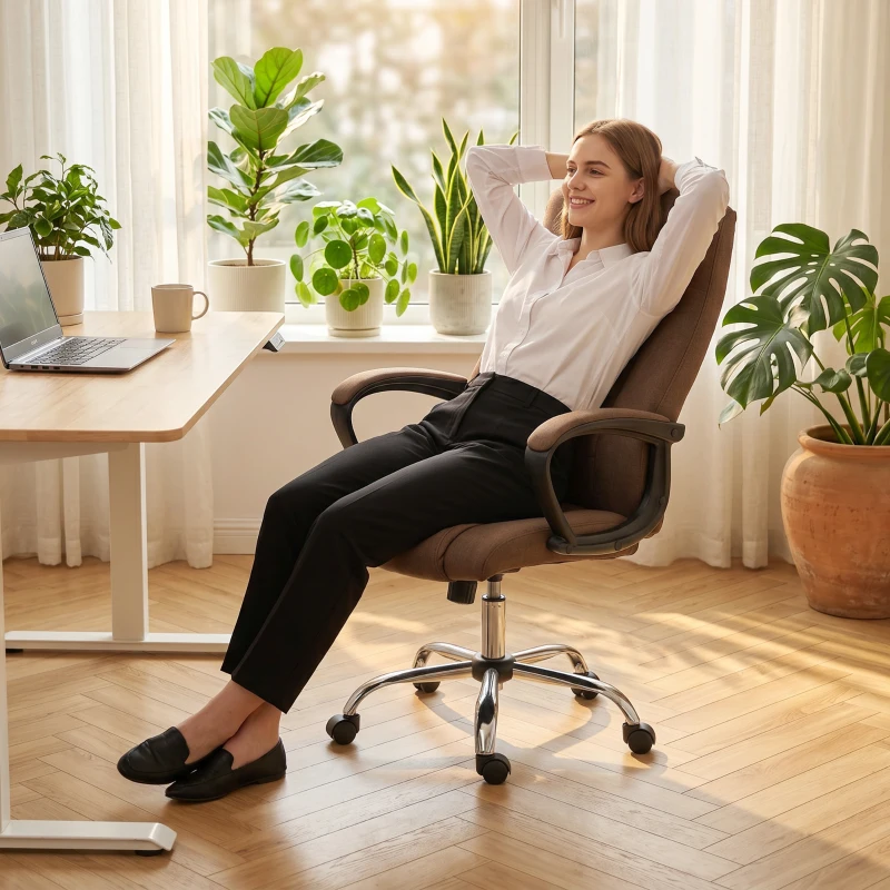 Vinsetto Scaun de Birou Ergonomic Inclinabil și Rotativ în Țesătură cu Aspect de In cu Tetieră, Maro