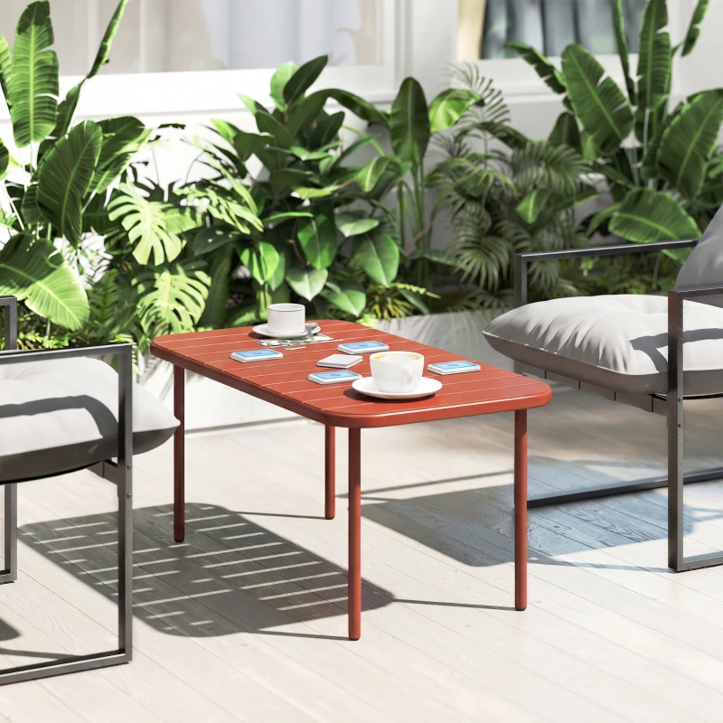 Outsunny Table Basse de Jardin en Acier Galvanisé, Plateau à Lattes, Table Rectangulaire aux Angles Arrondis, 90x50x43cm, Rouge