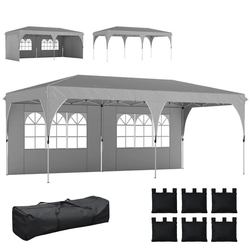 Outsunny Gazebo Pieghevole 3x6 m con Pareti e Altezza Regolabile, Protezione UV 50+, Grigio Chiaro