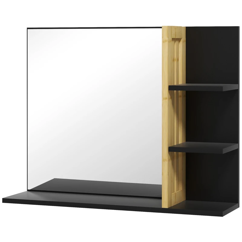 HOMCOM Oglindă de Baie Modernă de Perete cu 4 Rafturi din Lemn, 45x15x58.5cm, Negru