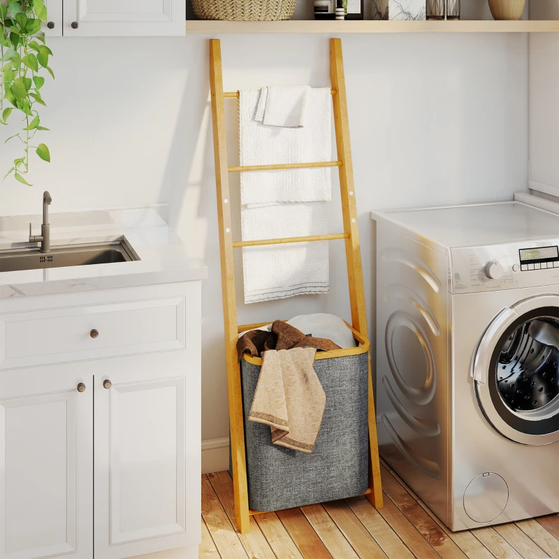 HOMCOM Estante para Casa de Banho de Bambu com 3 Barras e Cesto para Roupa Suja Removível de 48 L 43x35x133 cm Cinzento