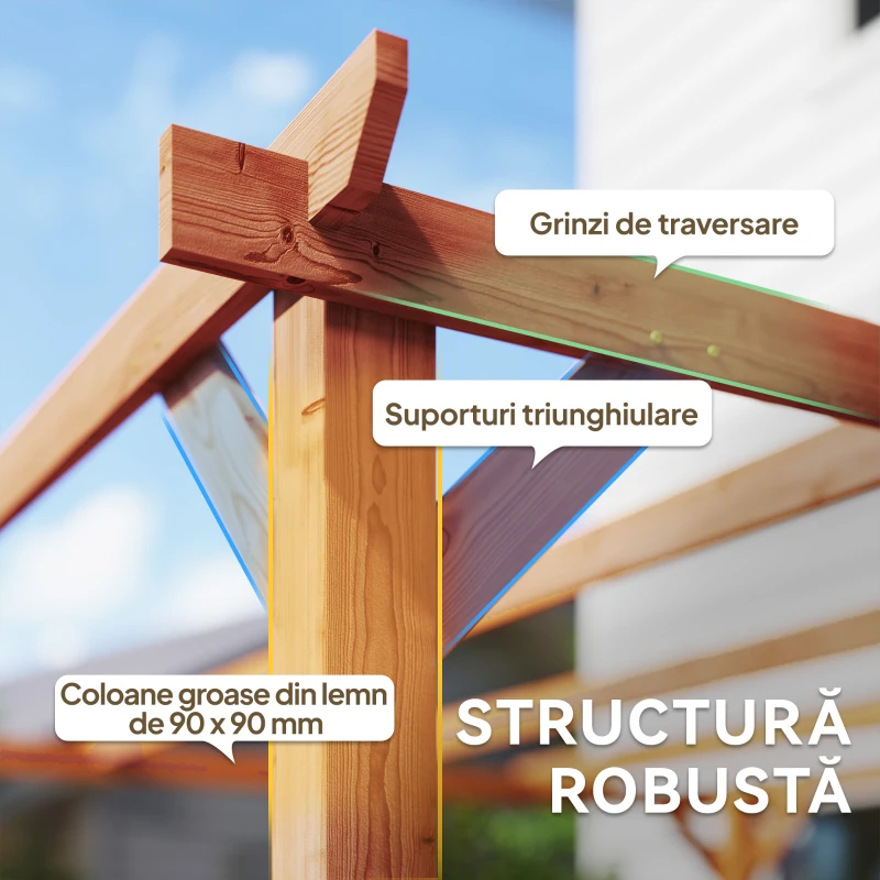 Outsunny Pergolă de Grădină 3x3 m din Lemn de Brad cu Suporturi Triunghiulare și 5 Grinzi, Culoare Lemn