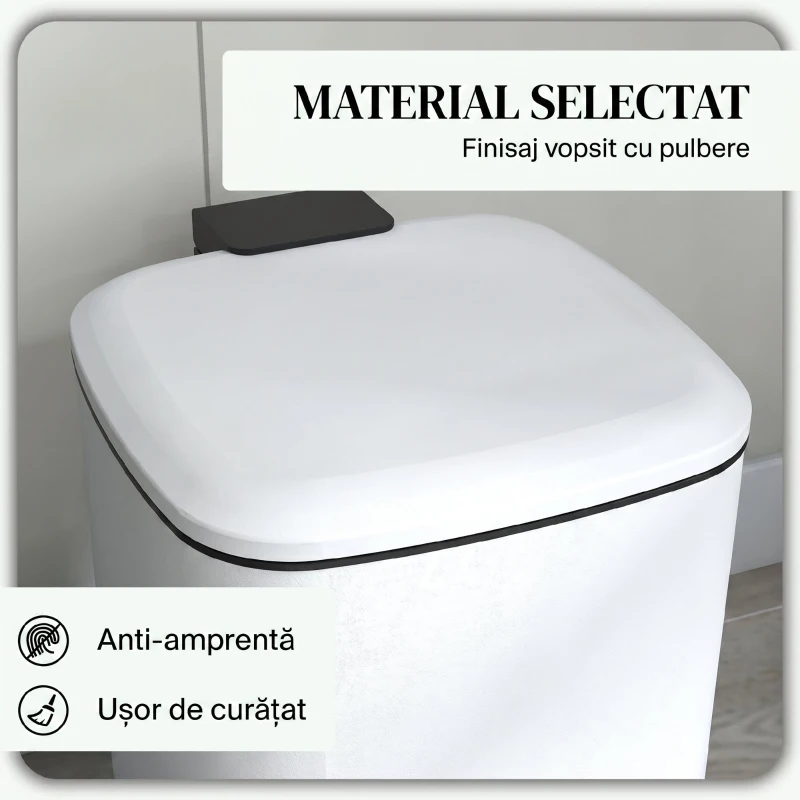 HOMCOM Coș de gunoi de 12L cu pedală și închidere silențioasă, din metal și PP, 24.5x32x34.5 cm, alb(m-6)