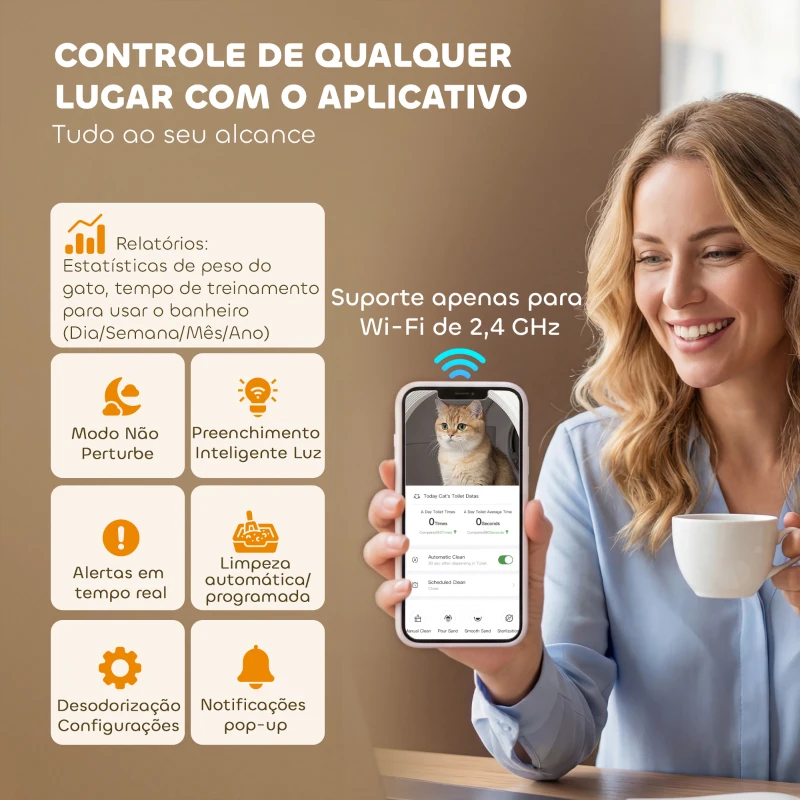 PawHut Caixa de Areia Autolimpante Capacidade 7L com Controlo por APP Purificação de Odores Ruído e Sensores de Segurança 58,1x47,5x53 cm Branco e Cinzento