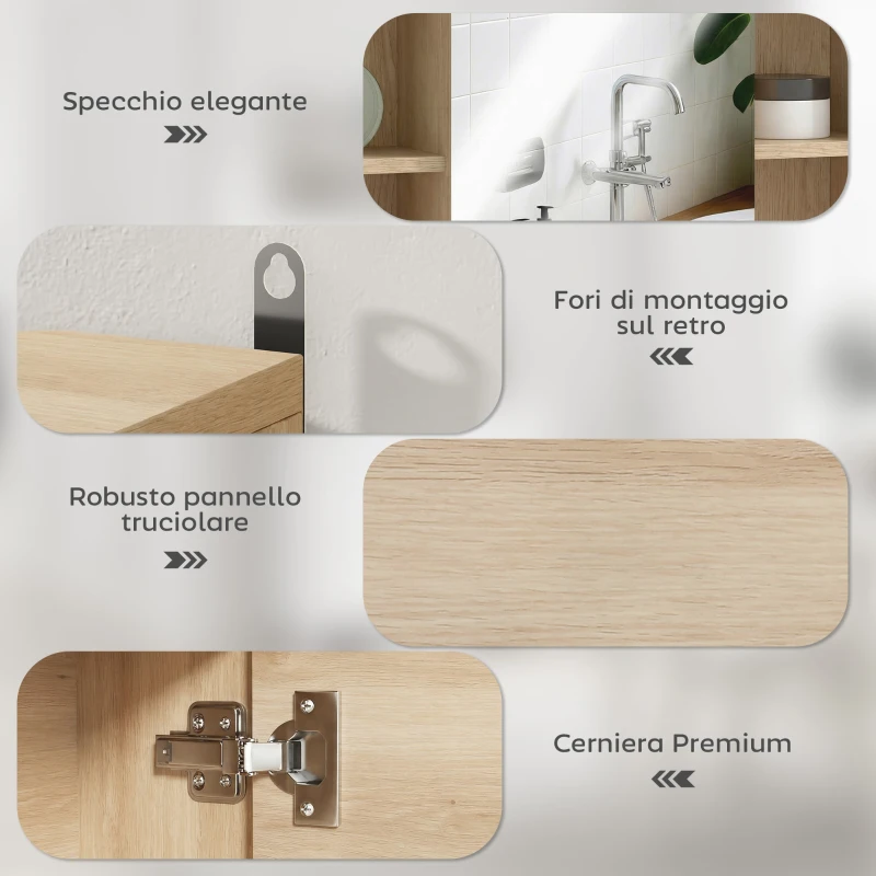 HOMCOM Armadietto con Specchio in MDF e Truciolato con 3 Ripiani Laterali e Ripiano Regolabile Interno, 60x14.5x49.4 cm