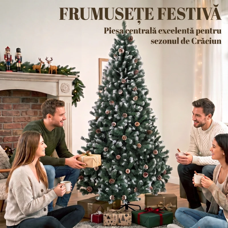 HOMCOM Brad Crăciun Artificial 210cm, 998 Ramuri Ninse Conuri Pin, Deschidere Automată, Bază Pliabilă, Verde
