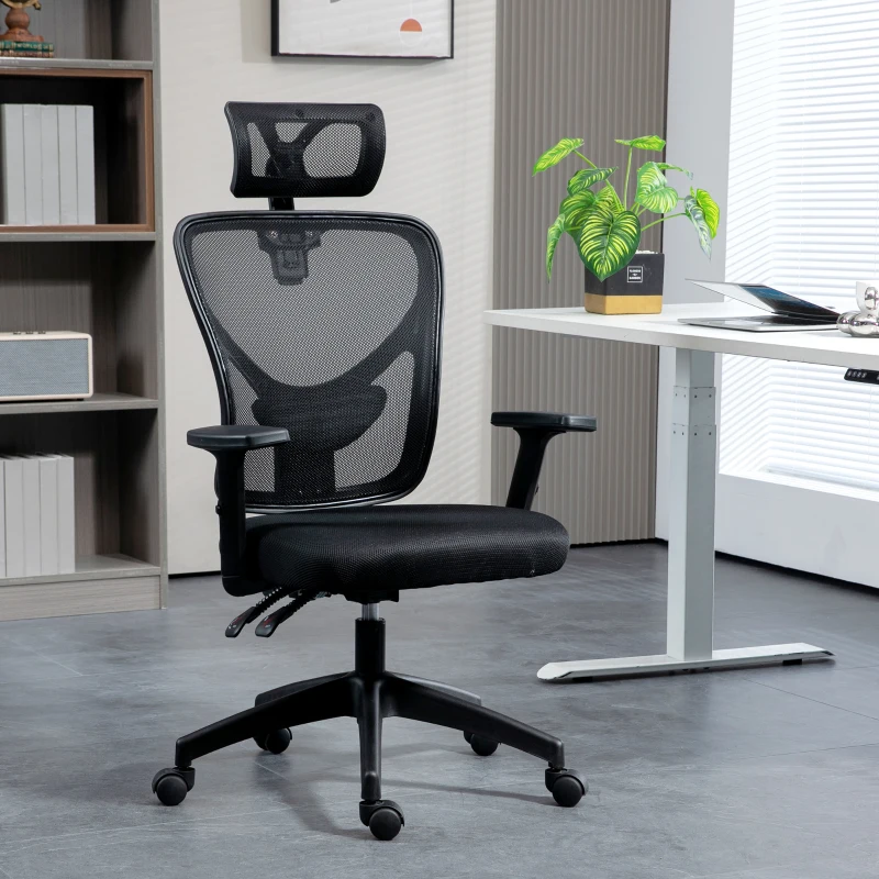 Vinsetto Sedia da Ufficio Ergonomica con Altezza Regolabile, Supporto Lombare e Poggiatesta, 66x61x106-116cm Nero
