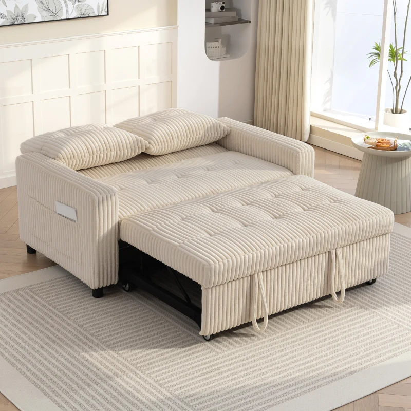 HOMCOM Canapé convertible 2 places canapé-lit en velours côtelé 157x190cm dossier réglable poches latérales et 2 coussins crème