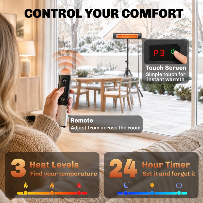 Outsunny 2500 W Electric Infrared Patio Heater, IP65 Outdoor Garden Heater with Tripod, 3 Heat Settings, 24H Timer, Black
