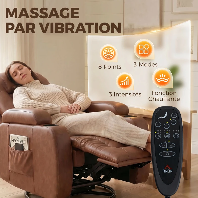 HOMCOM Fauteuil Inclinable de Massage et Chauffage, Fauteuil de Relaxation, Dossier Réglable, Pivotant, 82x99x103cm, Marron