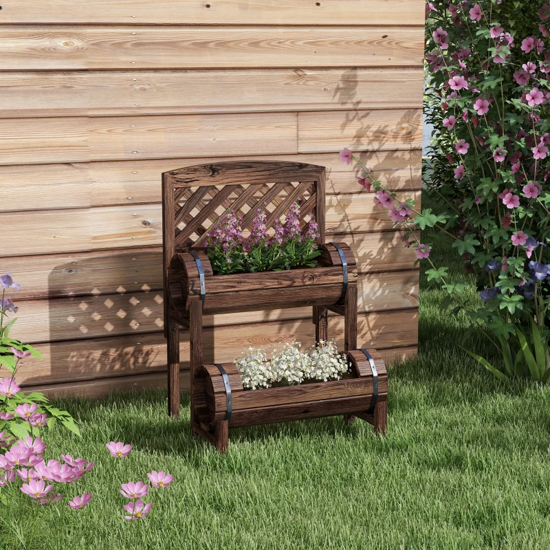 Outsunny Fioriera da Esterno a 2 Livelli con Fori di Drenaggio e Griglia, in Legno di Abete, 42x49x80 cm, Marrone