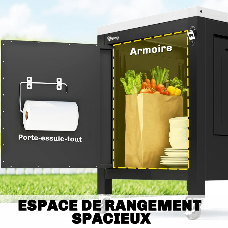 Outsunny Desserte jardin chariot de barbecue sur roulettes plateau en acier inoxydable Porte-Serviettes, 140,5 x 68 x 89 cm Noir