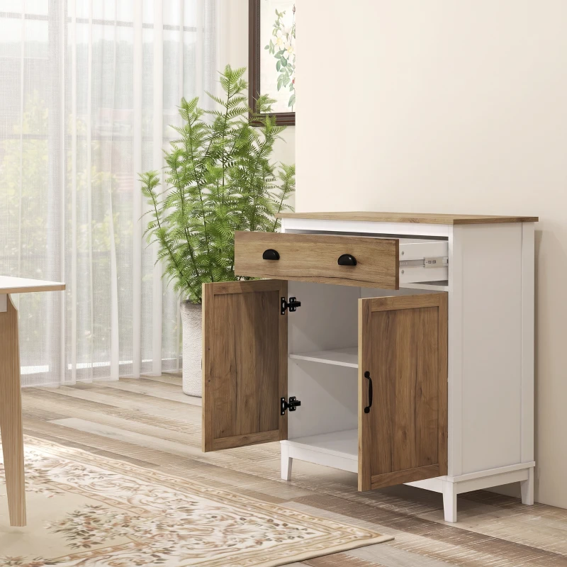 HOMCOM Buffet Salon, Meuble de Rangement avec 2 Portes, Tiroir, Étagère Réglable, 78,5 x 39 x 89,4 cm, Blanc et Chêne