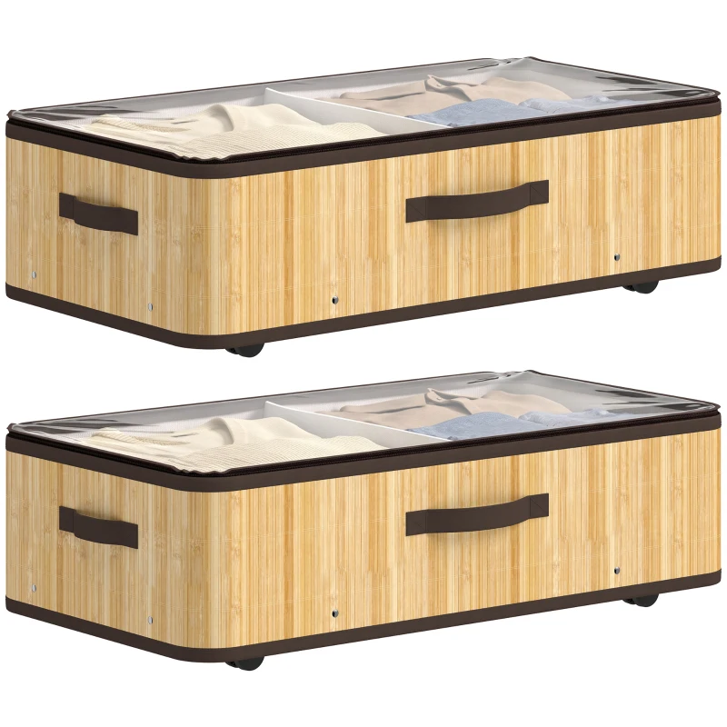 HOMCOM 60L Under Bed Storage with Wheels Pack of 2, Underbed Storage Box with Clear Lid Cover and Reinforced Handle, Natural