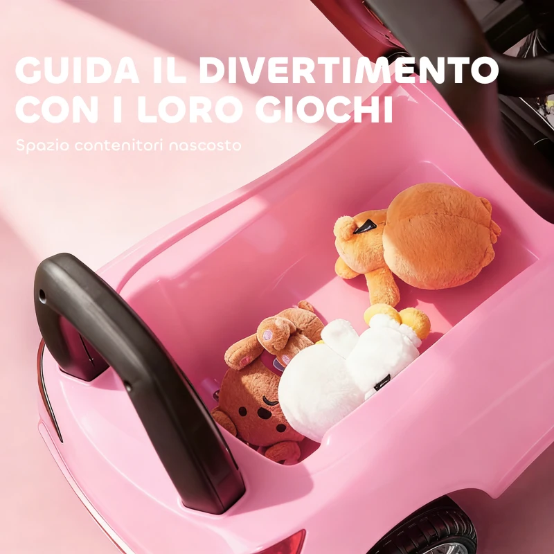 HOMCOM Macchinina per Bambini Cavalcabile con Volante, Fari e Musiche Integrate, Macchina per Bambini in PP e Metallo, 63.5x28x36 cm, Rosa