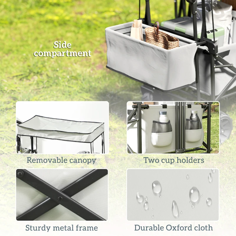 Outsunny 180L Festival Trolley on Wheels, Push & Pull Beach Cart with Removable Canopy, Wide All-Terrain Wheels, Folding Camping Trolley Cart, Adjustable Handle for Garden Fishing Shopping, Grey