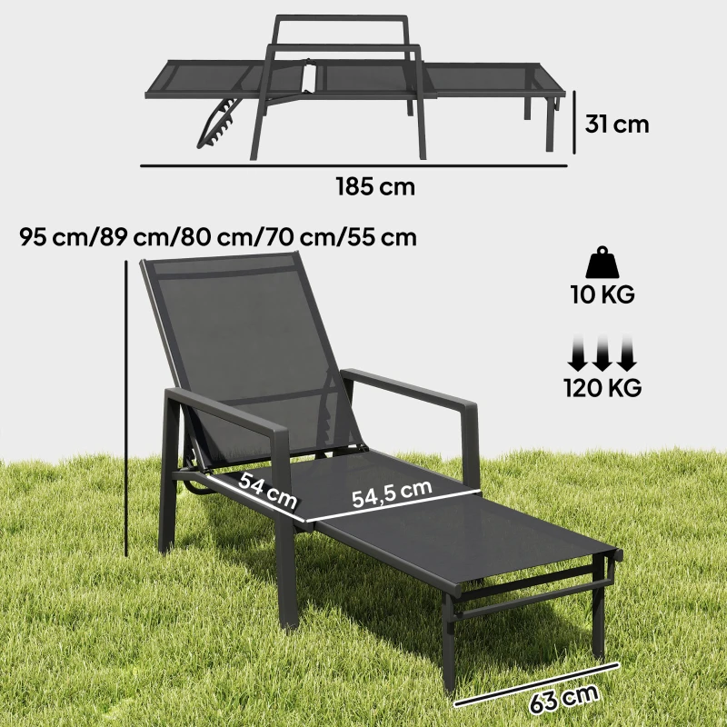 Outsunny Chaise Longue Jardin Réglable à 5 Positions avec Repose-Pieds Rétractable et Accoudoirs, Acier, 63x185x55cm, Noir