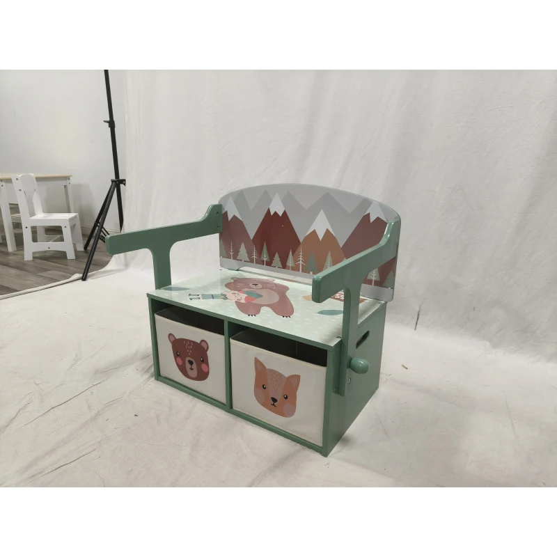 AIYAPLAY Baú de Brinquedos Infantil 3 em 1, Conjunto Mesa e Cadeiras com 2 Cestos de Tecido Removíveis e Alça, 3-6 anos, Verde