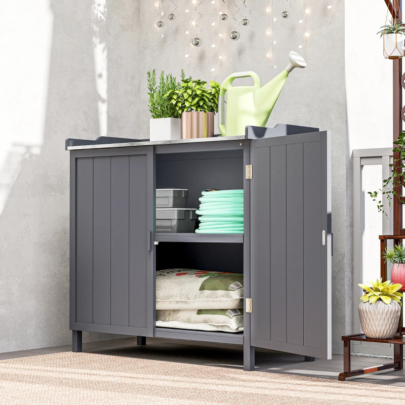 Outsunny Dulap de Exterior din Lemn cu Suprafață din Metal și 2 Rafturi pentru Unelte, 98x48x95,5 cm, Gri