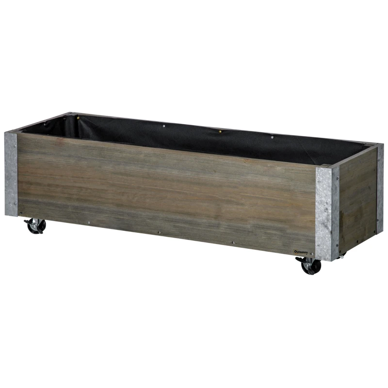 Outsunny Fioriera Rettangolare in Legno di Abete con Ruote e Freno, 96x30.6x30 cm, Grigio