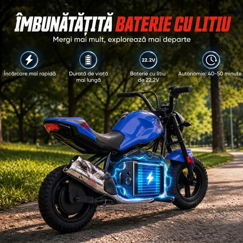 AIYAPLAY Motocicletă electrică pentru copii, stil Harley, 24 V, 6-12 ani, roți din cauciuc 30 cm, albastră