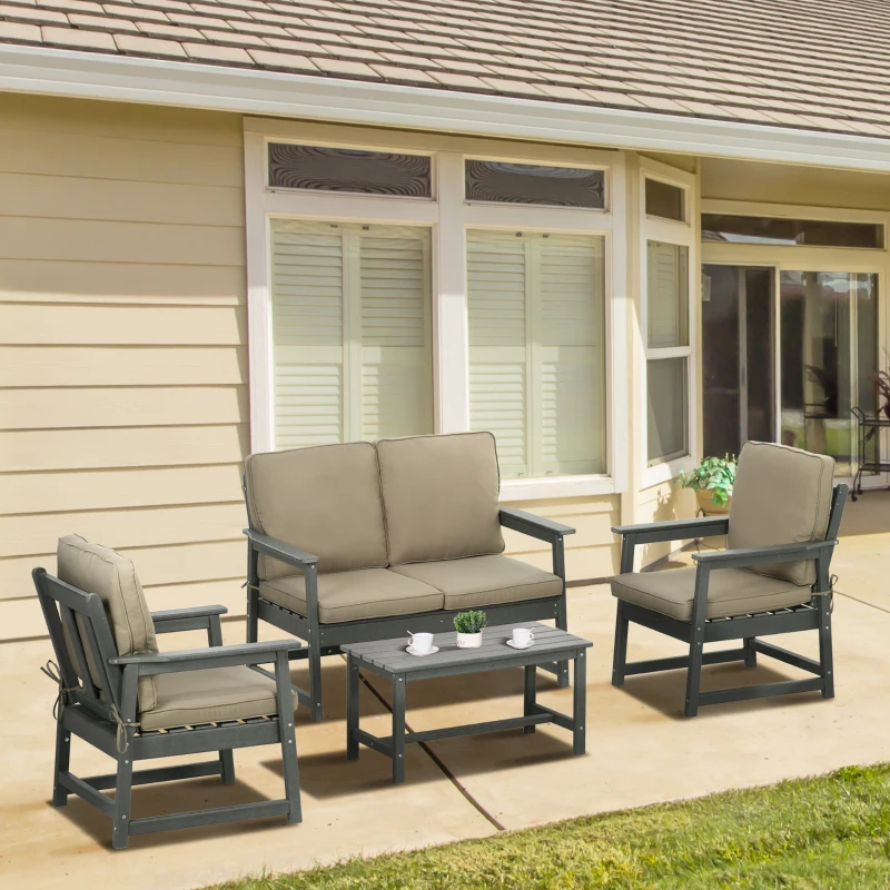 Outsunny Set de Mobilier de Grădină cu Canapea, 2 Fotolii și Măsuță din HDPE cu Perne, Gri Închis