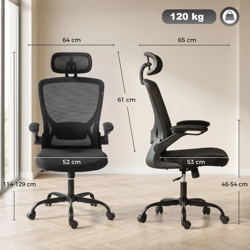 HOMCOM Scaun de birou ergonomic din plasă, cu tetieră reglabilă, negru