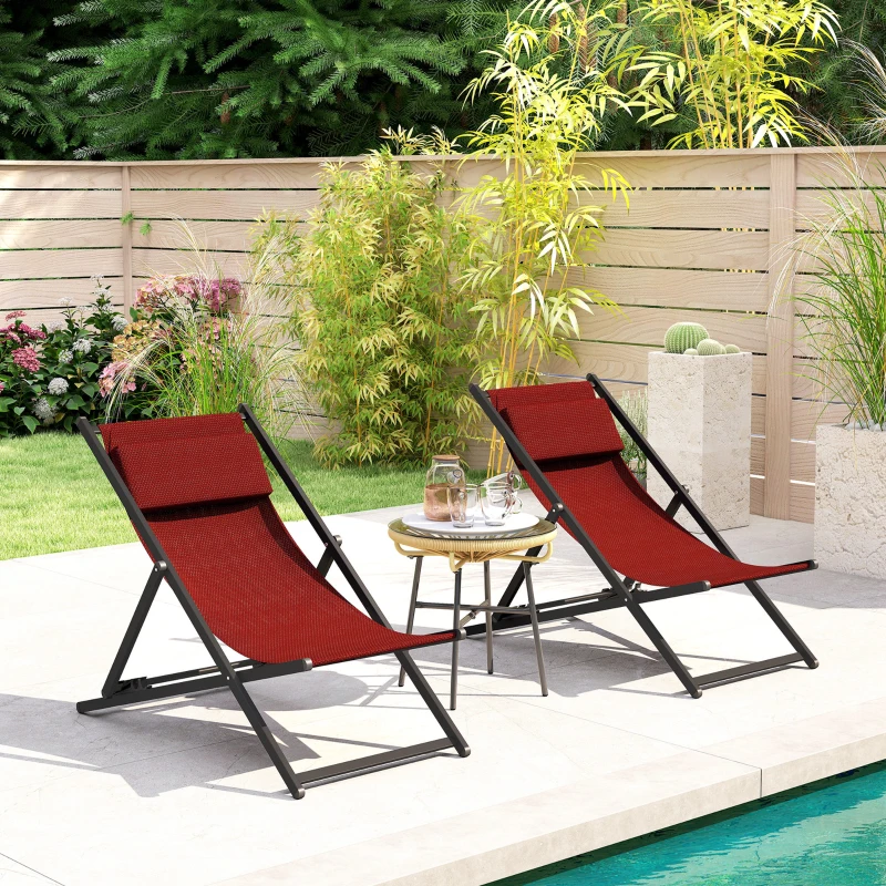 Outsunny Conjunto de 2 Tumbonas Plegables con Respaldo Regulable y Reposacabezas Acolchado 60x100x85 cm Rojo Vino