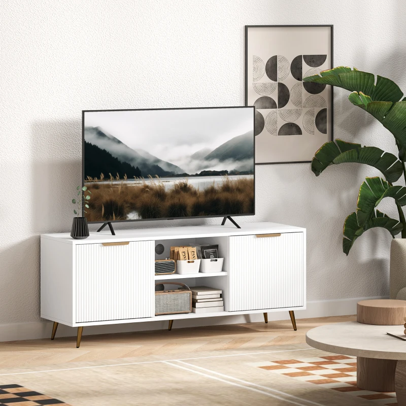 HOMCOM Móvel de TV Moderno Móvel de TV para Sala de Estar com 2 Compartimentos Abertos  para Televisores de 55 Polegadas 120x35x48 cm Branco