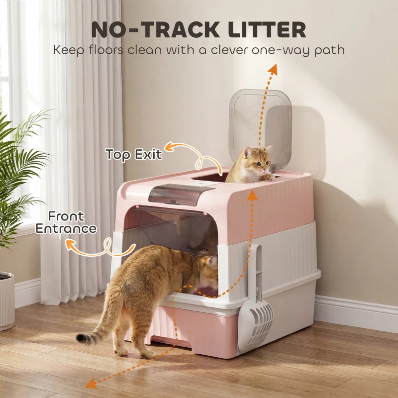 PawHut Enclosed Cat Litter Box with Lid, Pull-Out Drawer Tray, Scoop, 2 Deodorisation Bags, Front Entry & Top Exit, Pink