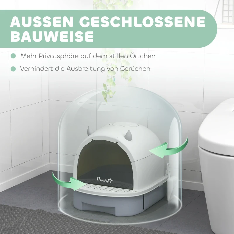 PawHut Kattenbak met deksel – Kattenbak met schep, ladebodem en anti-lekrooster voor katten tot 5 kg – 40,5 x 52 x 39 cm – Grijs