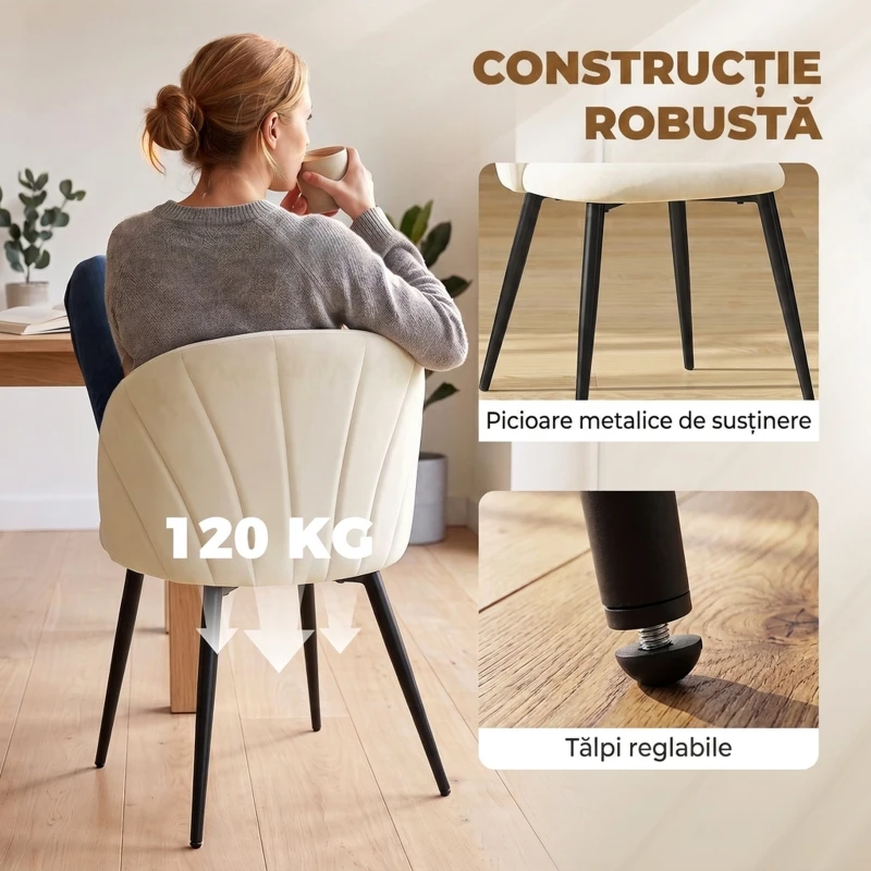 HOMCOM Set 2 Scaune Dining cu Spătar Tip Scoică și Picioare Metalice, Catifea, Crem