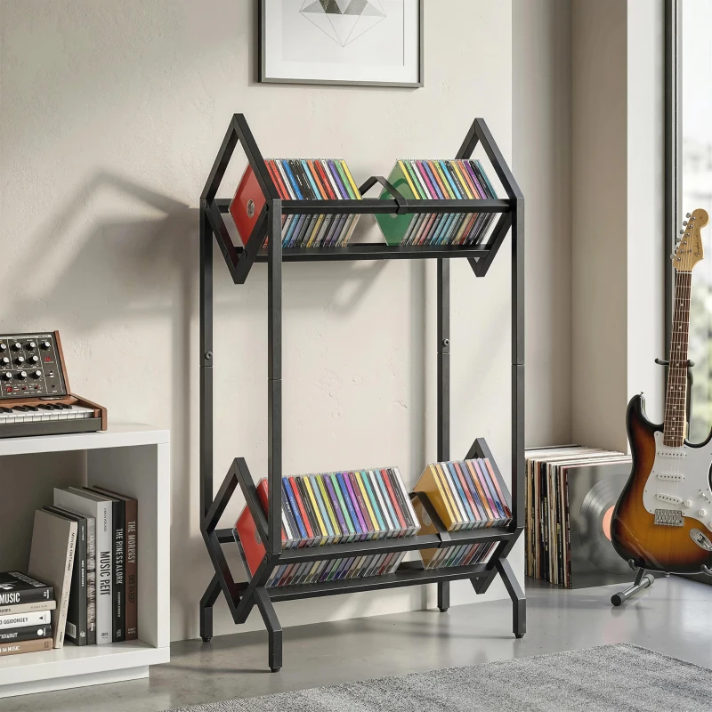 HOMCOM Organizator CD-uri pentru 50 CD-uri, Organizator Viniluri 2 Niveluri din Metal pentru DVD-uri, Cărți, Albume, Negru