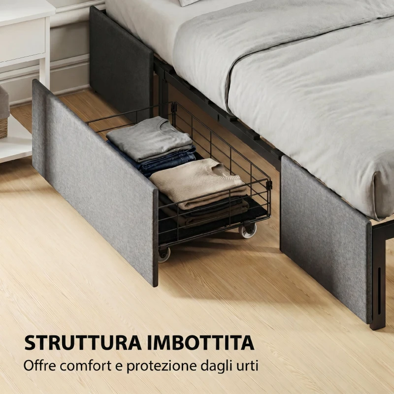 HOMCOM Struttura Letto Matrimoniale a Doghe con 3 Cassetti, in Legno, Poliestere e Metallo, 160x190 cm, Grigio