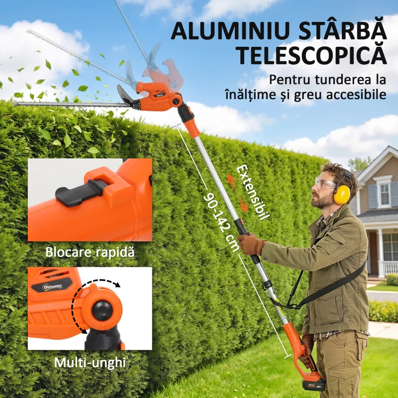 Outsunny Trimmer pentru Gard Viu pe Baterie 18V, Trimmer pentru Grădină cu 2 Baterii de 4Ah, Încărcător, Târnă Telescopică Reglabilă din Aluminiu, Lamă Cu Acțiune Dublă de 51cm pentru Ramuri, Portocaliu