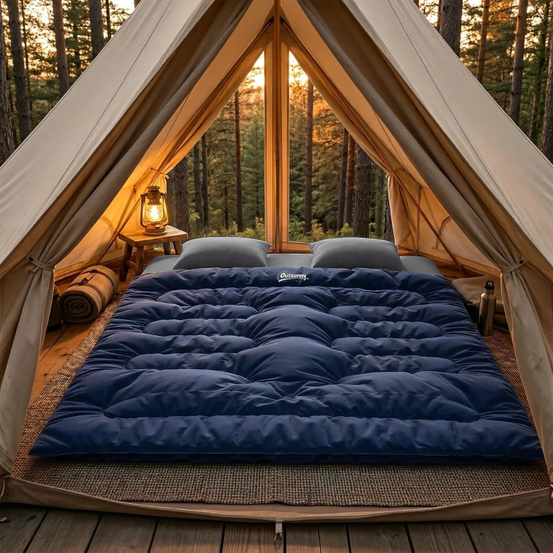 Outsunny Saco-Cama Duplo para Adultos Tamanho Queen para 2 Pessoas com 2 Almofadas e Saco de Transporte Azul Escuro