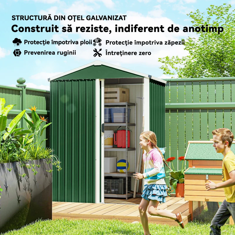 Outsunny Căsuță de Grădină din Oțel 1.1m² cu Ușă Culisantă Blocabilă, 136x87x176 cm, Verde