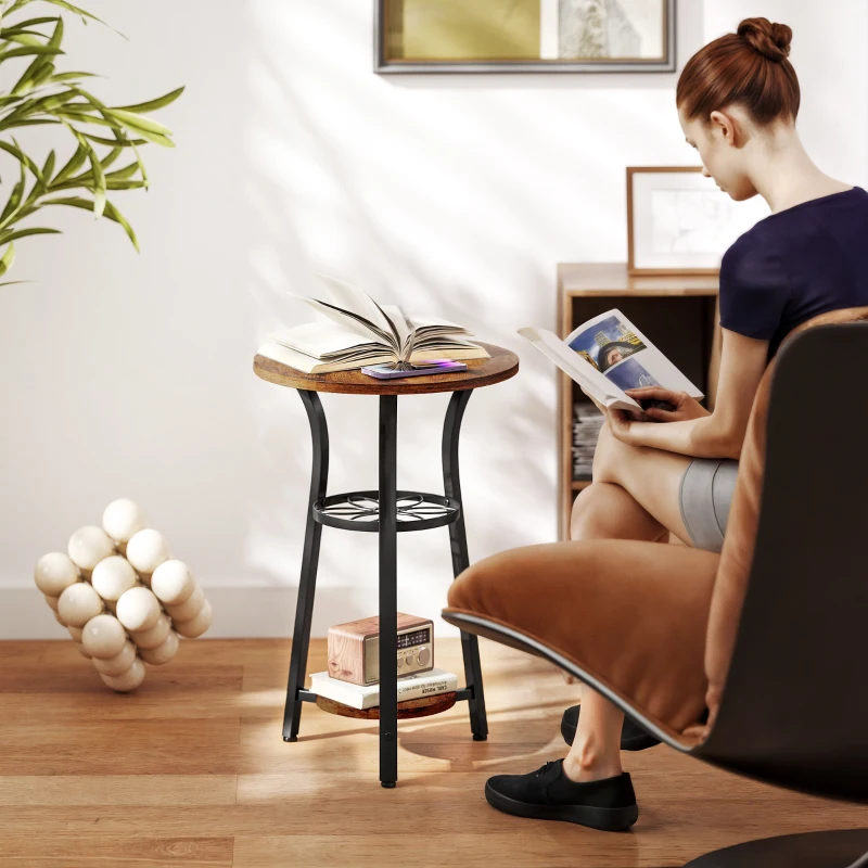 HOMCOM Small Round Side Table with 3 Storage Shelves - Rustic Brown