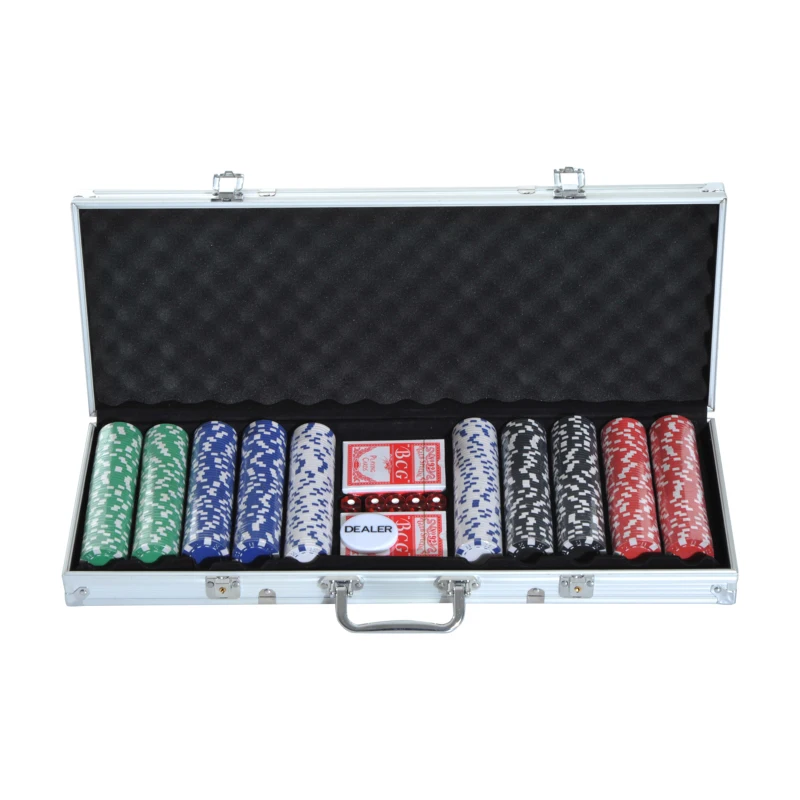 HOMCOM Mallette de Poker Coffret de Poker Complet avec 500 jetons 2 Jeux de Cartes + 5 dés Bouton Dealer 2 clés alu.