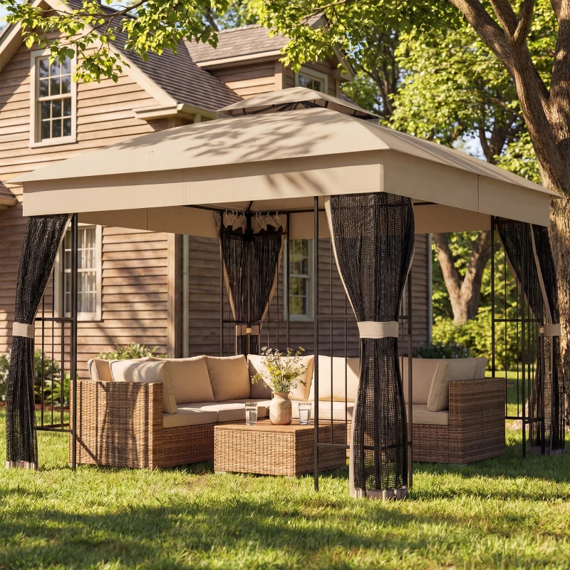 Outsunny 3 x 3 m Outdoor Garden Gazebo with Post Shelves, UPF50+ Double Roof Patio Permanent Pavilion, Brown