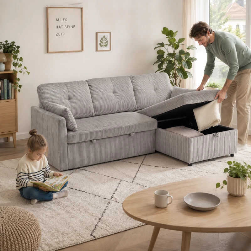 Ecksofa Samt Chaiselongue austauschbar einfach umwandelbar Schlafsofa 200cm Stauraumsitzen Hellgrau
