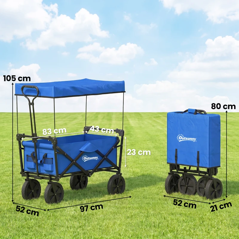 Outsunny Carro Plegable con Toldo Desmontable Longitud y Ángulo del Mango Ajustables y Bolsa de Transporte Carga 100 kg Azul